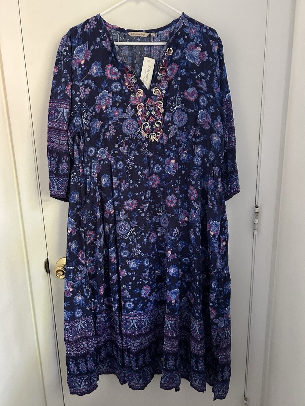 Soft Surroundings Blue Floral Embroidered Sequin A-Line V-Neck Dress PXL New w/t